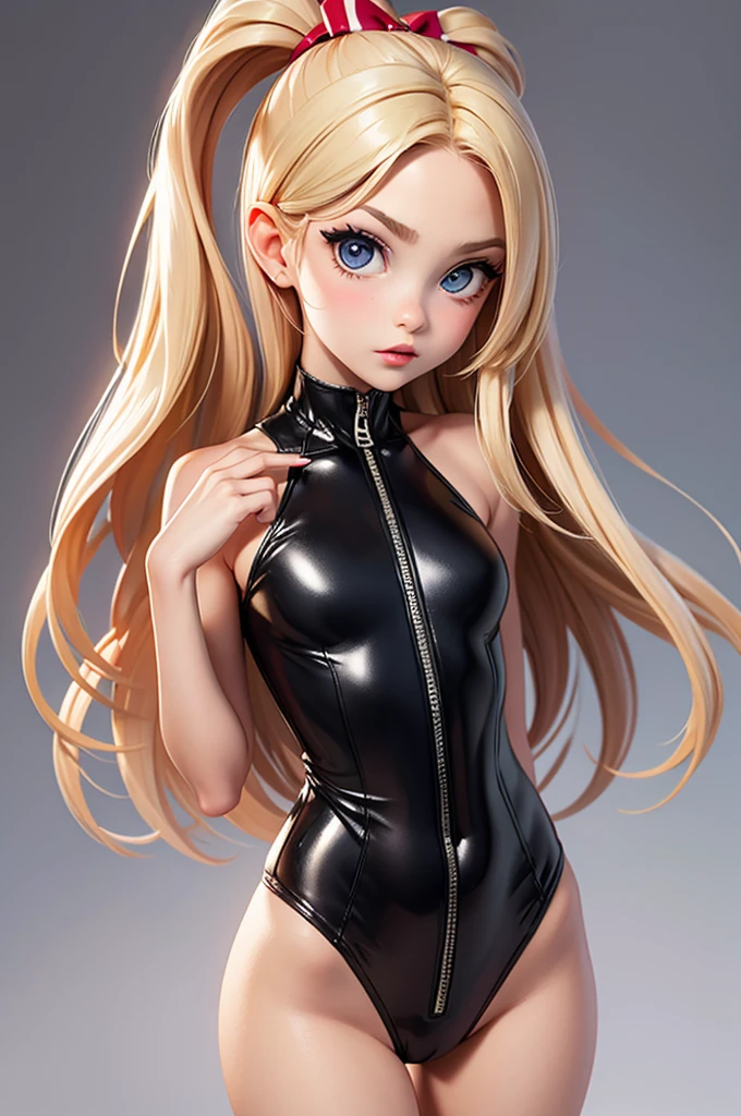 hyperrealistic 14 year old american teen, blonde, little, perfect tiny body, sexy, dark makeup, perfect slim face, big red lips, very cute face, tiny body, big eyes, young looking, childish looking, showing tits, no shorts