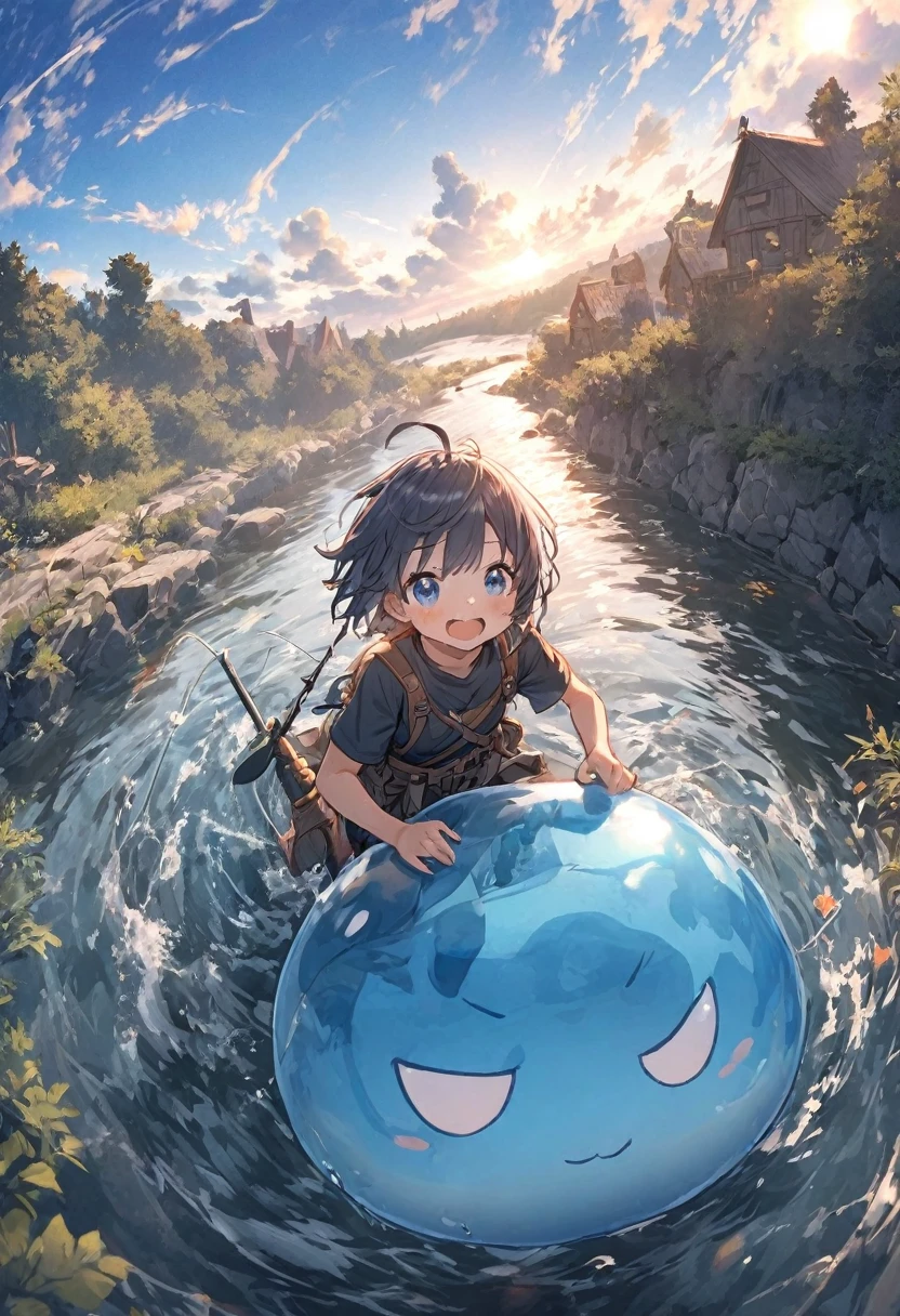A small swordsman riding a blue slime, Dungeons、Clear blue sky、adventure、Fisheye Lens、SLR、I feel the depth、Fun expression、Fishing in the river