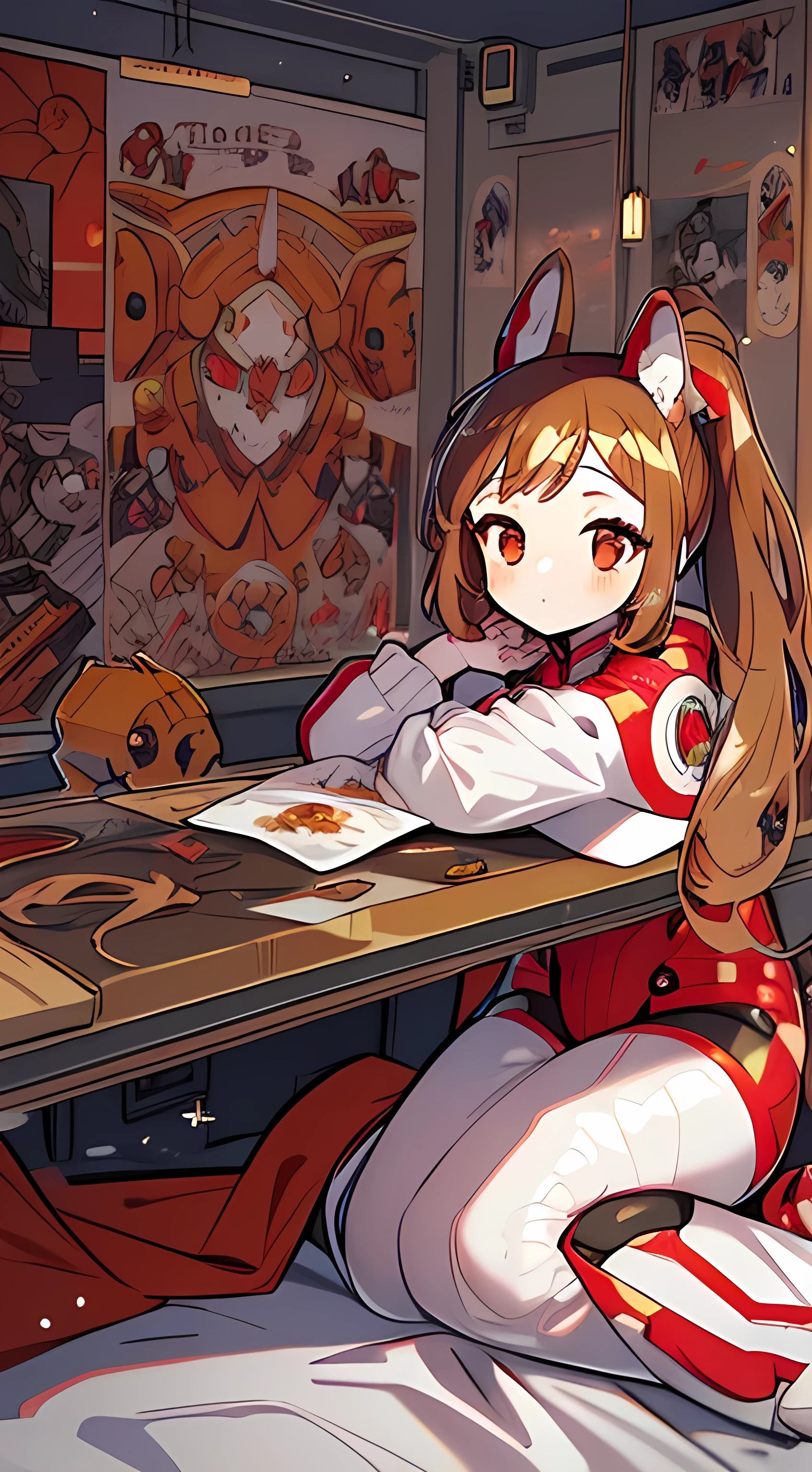 1GIRL, finely detailed, (best quality), hdr, hi res, high resolution, (masterpiece), absurdres, (intricate details), cute style, ((long brown hair in ponytail)), ((plugsuit)), battle suit, ((red and white clothes)), ((mecha style clothes)), beautiful face, happy, cute face, pinup, perfect face, in futuristic city, dynamic, laying down, knees_up, (curled up), white cape