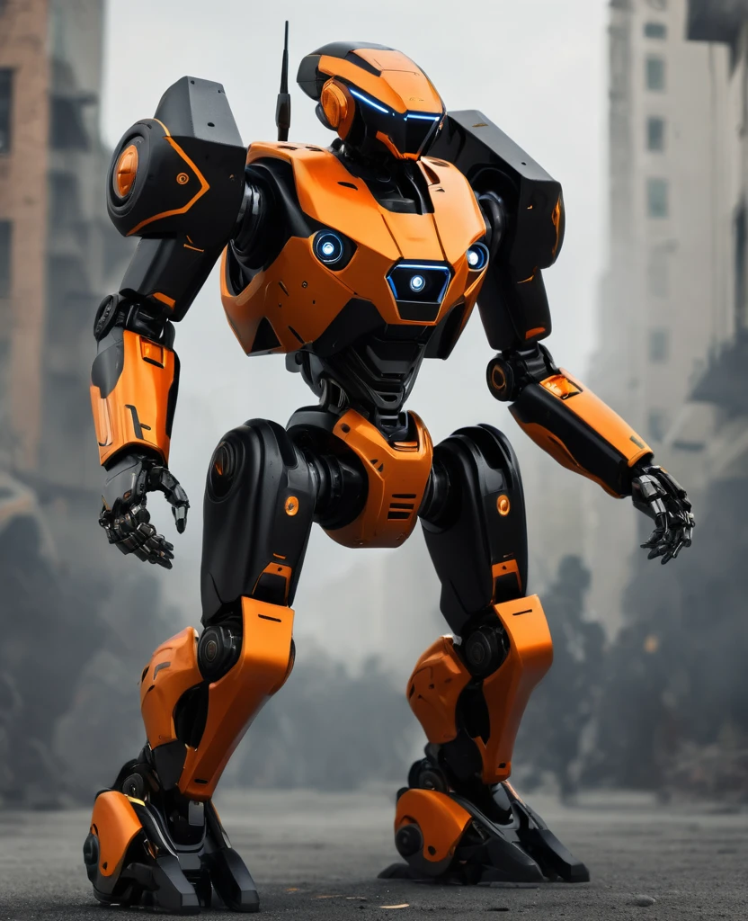 Robot war, black and orange, heroic, full body, robot war militia,