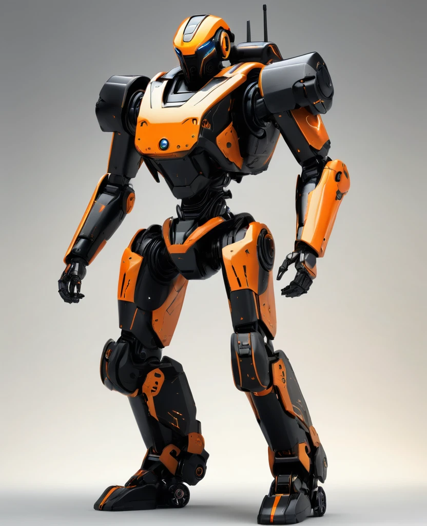 Robot war, black and orange, heroic, full body, robot war militia,