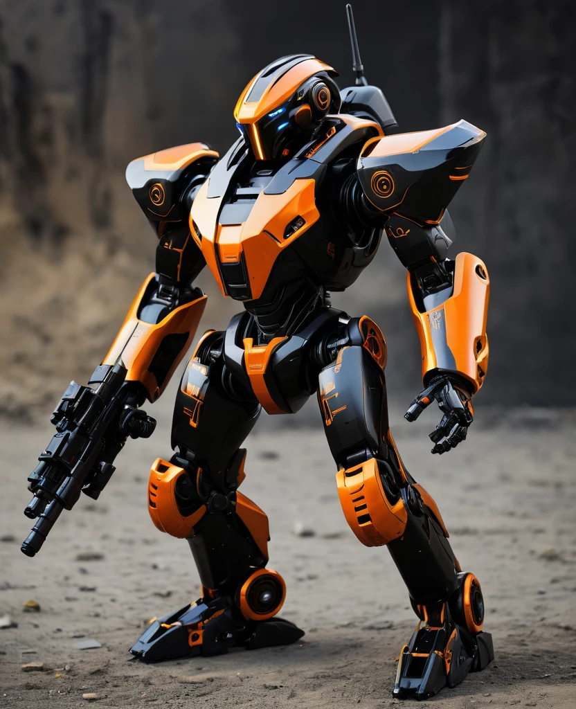 Robot war, black and orange, heroic, full body, robot war militia,