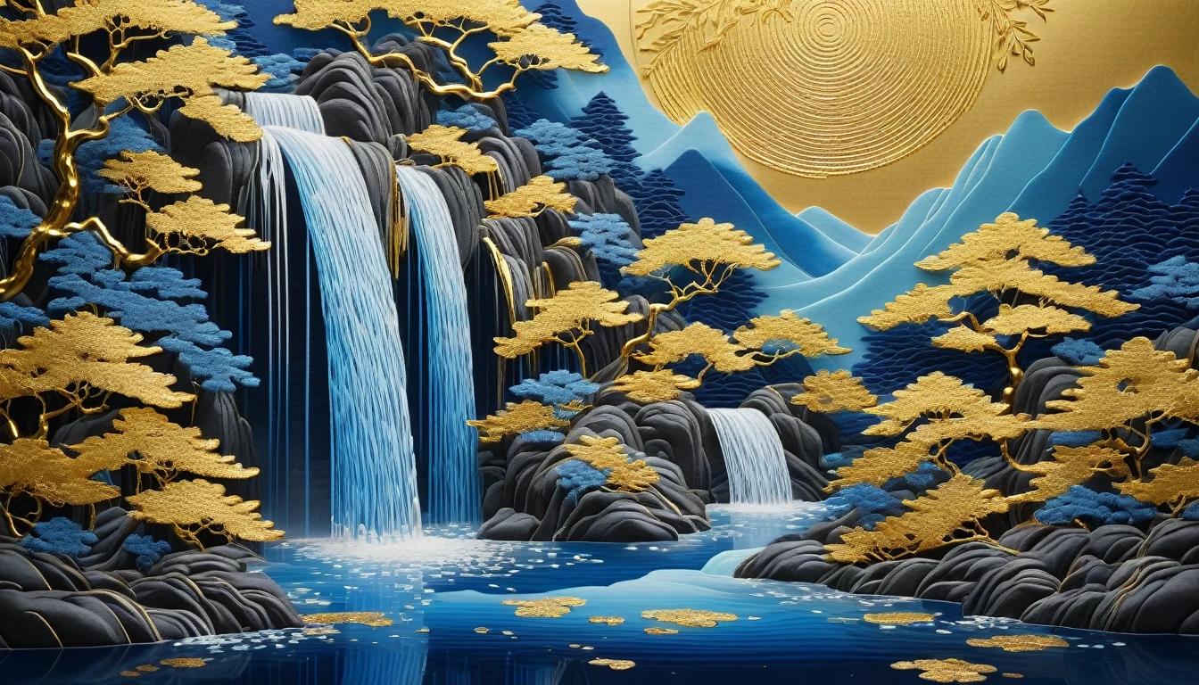 Highest quality,8K,Ultra Clear,Little Blue, Golden Blue Waterfall, Mountain々, Pavilion, And trees々, Chinese Embroidery Crafts, Gold plating, Flowing Money, Minimal color field, free-hand, blank, Organic Form, Simple blue background,