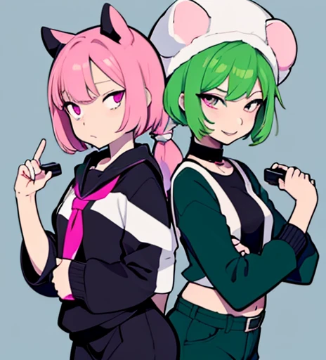 Anime female short green hair and pink eyes wearing a Five Nights at Freddy&#39;s FNAF Freddy Chica Fox Bonnie costume fantasy bottomless just safe the two girls are cumming without clothes all cumming and wet naughty