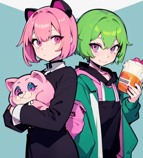 Anime female short green hair and pink eyes wearing a Five Nights at Freddy&#39;s FNAF Freddy Chica Fox Bonnie costume fantasy bottomless just safe the two girls are cumming without clothes all cumming and wet naughty