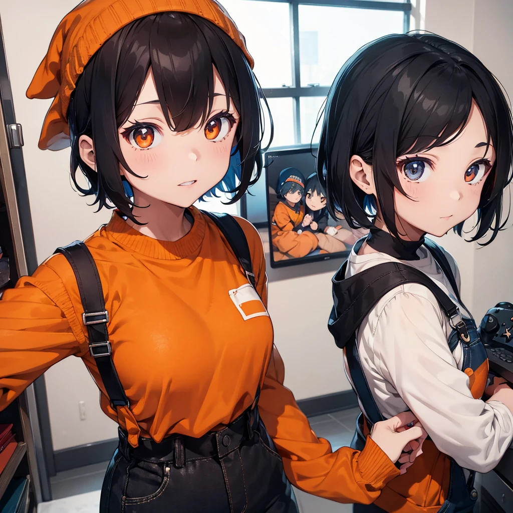 orange knit hat、Black Hair、Short Hair、Black and orange eyes、Blue overalls、Orange long sleeve shirt、Have a game controller、Playing games in the room、Watery eye