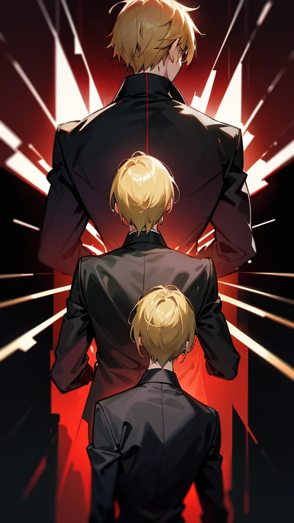 timochal2023, 1 men, brawny, o Matrix, anime clothes, hair blonde, black and red suit, black backdrop, no back ground