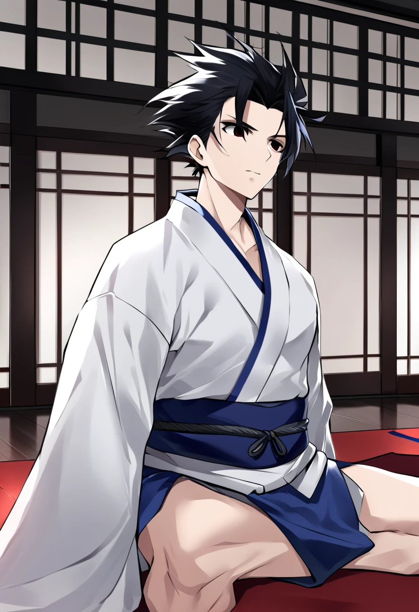 1boy, male focus, ponyzeldris, black hair, short hair, spiked hair, black eyes, red eyes, empty eyes,muscle, wearing white kimono with blue parts, sitting at the the dojo, dojo background, focused expression,closed eyes, Crossed legs, red energy around the body