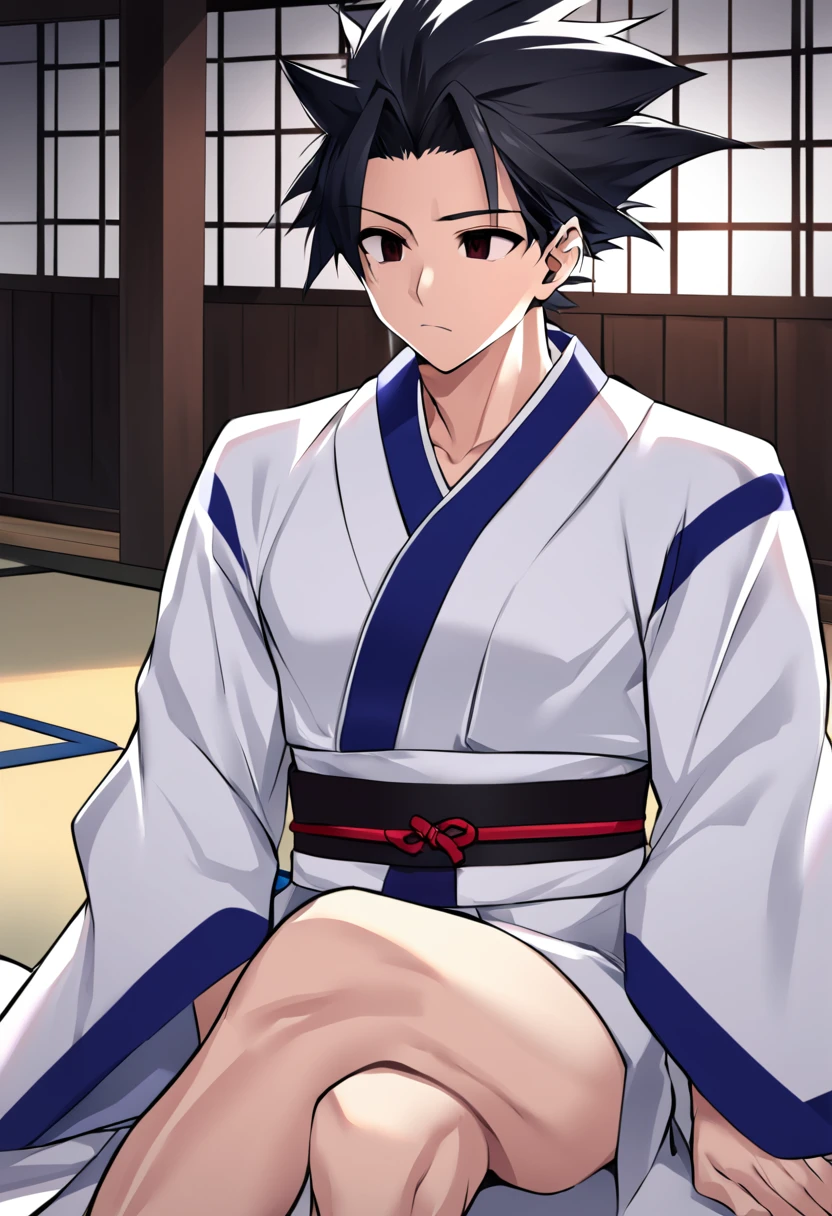1boy, male focus, ponyzeldris, black hair, short hair, spiked hair, black eyes, red eyes, empty eyes,muscle, wearing white kimono with blue parts, sitting at the the dojo, dojo background, focused expression,closed eyes, Crossed legs, red energy around the body