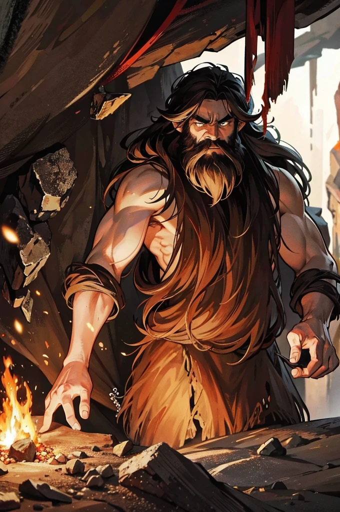 prehistoric raggedy bearded caveman discovering fire magic inside cave, dark cave,