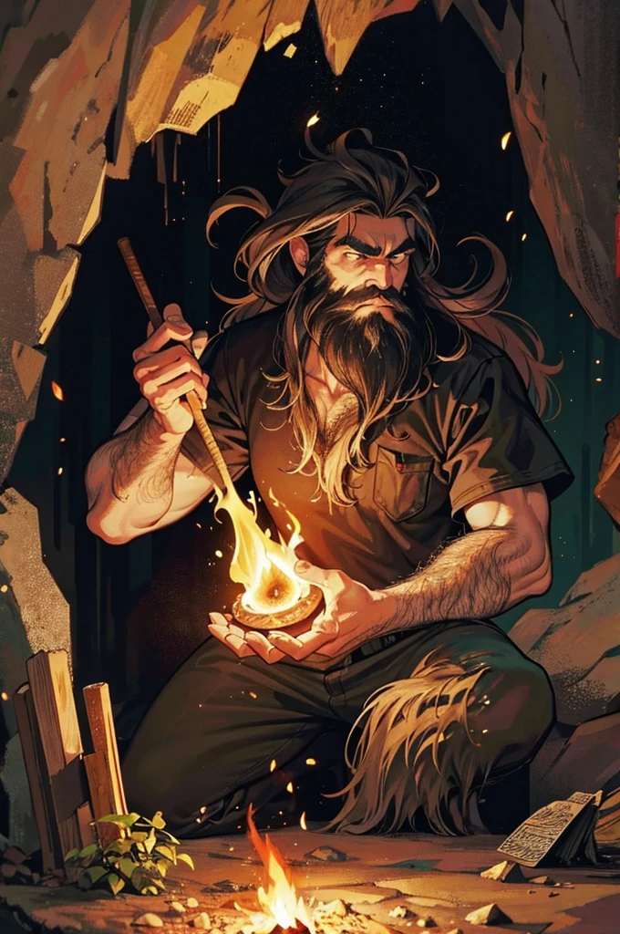 prehistoric raggedy bearded caveman discovering fire magic inside cave, dark cave,