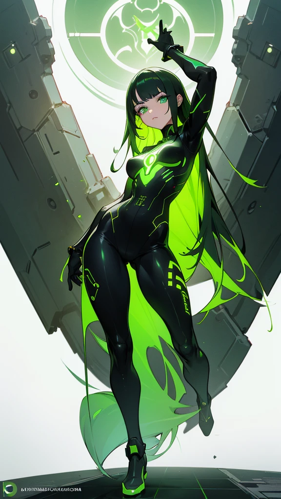 masterpiece, highest quality, (solo focus), (perfect face:1.1), (full body), (high detail:1.1), (hyper detailed eyes), dramatic, a woman with palefreckledskin and long dark green hair, bright green eyes, solo, arrogant expression, neon cybernetic outfit, white background, art by artgerm, cinematic lighting, fashion, BalenciagaStyle