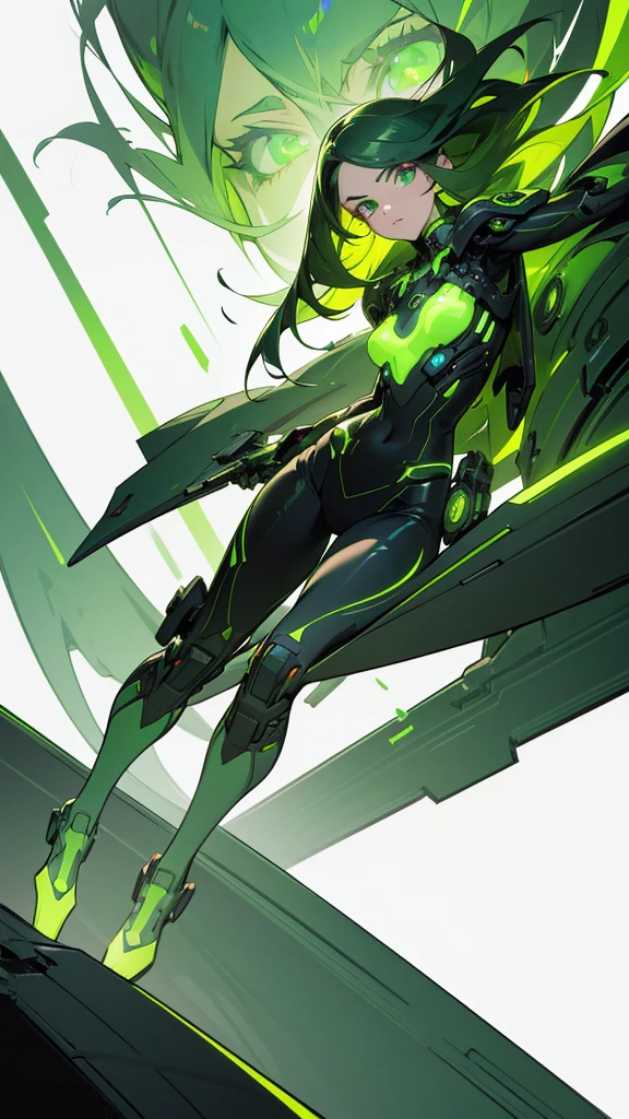masterpiece, highest quality, (solo focus), (perfect face:1.1), (full body), (high detail:1.1), (hyper detailed eyes), dramatic, a woman with palefreckledskin and long dark green hair, bright green eyes, solo, arrogant expression, neon cybernetic outfit, white background, art by artgerm, cinematic lighting, fashion, BalenciagaStyle