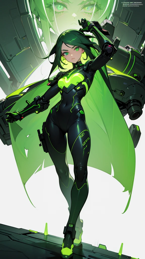 ((masterpiece,best quality)),only one woman,((All-green tight morphsuit hidden skin)),nude,((black eyes)),((black low pigtails)),blunt bangs,hime cut,smile, delicate hands,anime,illustration,Two dimensions,beautiful girl