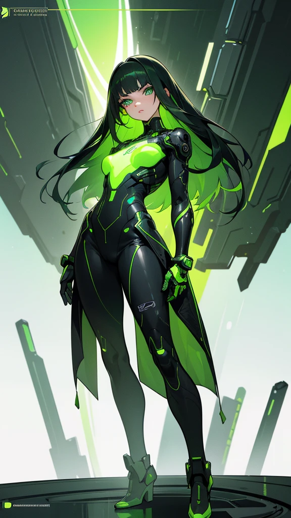 masterpiece, highest quality, (solo focus), (perfect face:1.1), (full body), (high detail:1.1), (hyper detailed eyes), dramatic, a woman with paleskin and long dark green hair, bright green eyes, solo, arrogant expression, neon cybernetic outfit, white background, art by artgerm, cinematic lighting, fashion, BalenciagaStyle