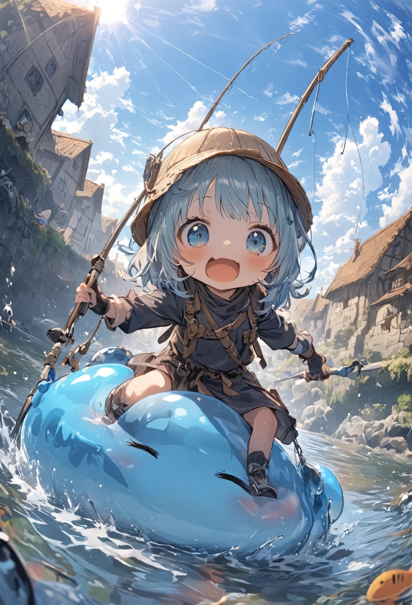 A small swordsman riding a blue slime, Dungeons、Clear blue sky、adventure、Fisheye Lens、SLR、I feel the depth、Fun expression、Fishing in the river