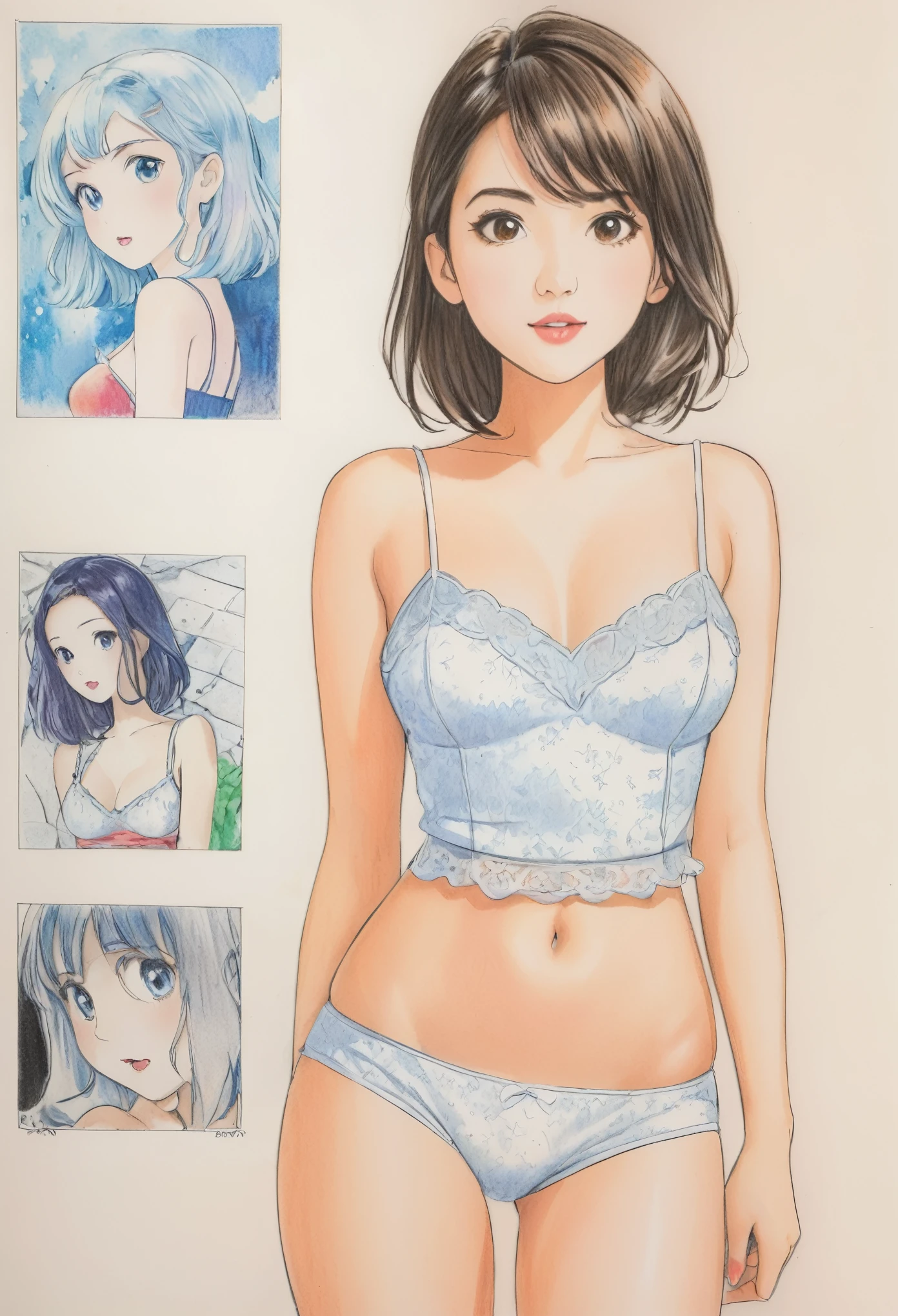 female,short camisole,white,Art,ad,colour pencil drawing,draft drawing ,comic collage,illustration