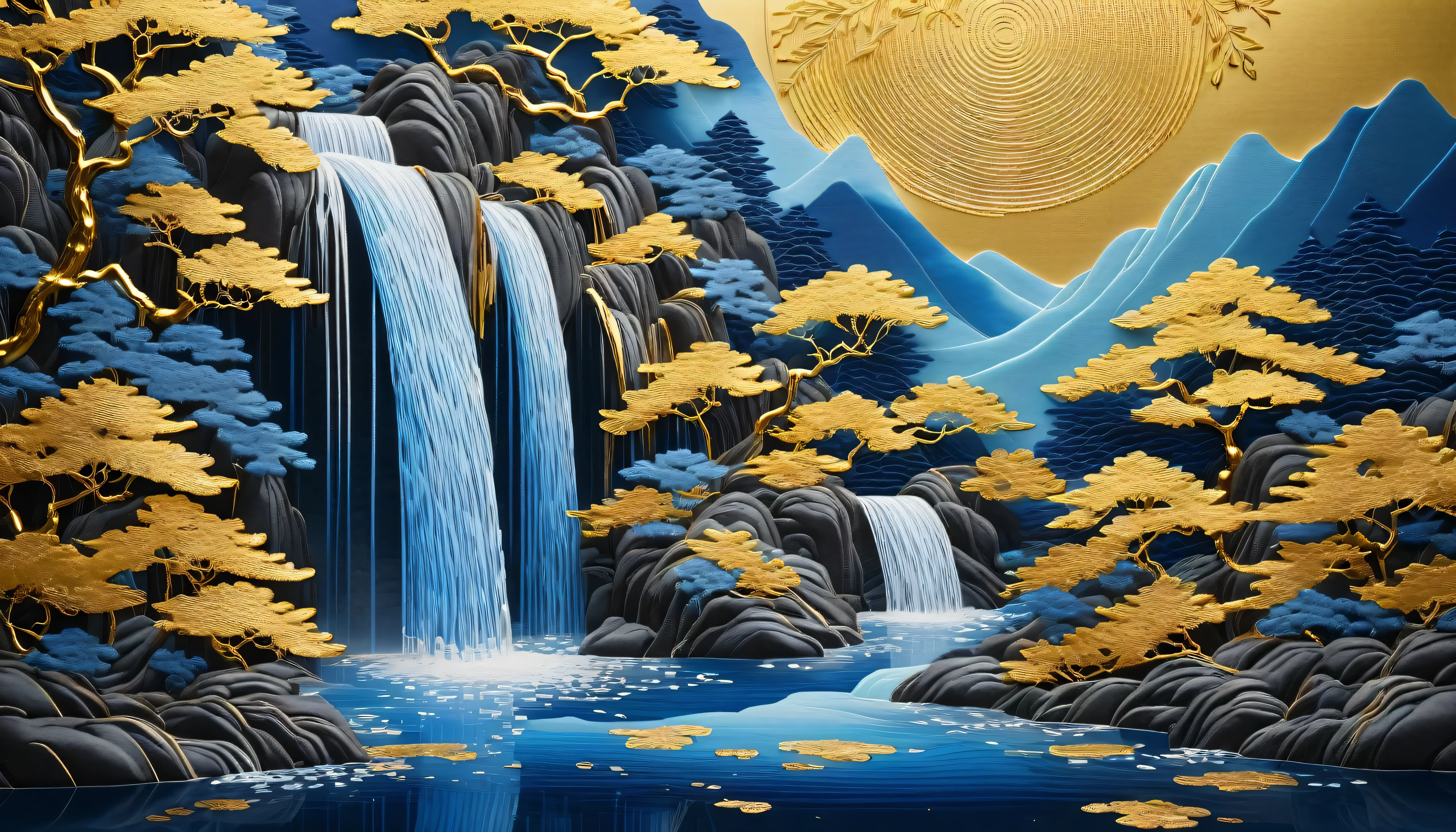 Highest quality,8K,Ultra Clear,Little Blue, Golden Blue Waterfall, Mountain々, Pavilion, And trees々, Chinese Embroidery Crafts, Gold plating, Flowing Money, Minimal color field, free-hand, blank, Organic Form, Simple blue background,