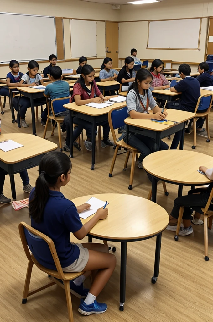 students, in a beautiful class, sitting on chairs in circle, drawing a hanging rope from fan on their canvas, 