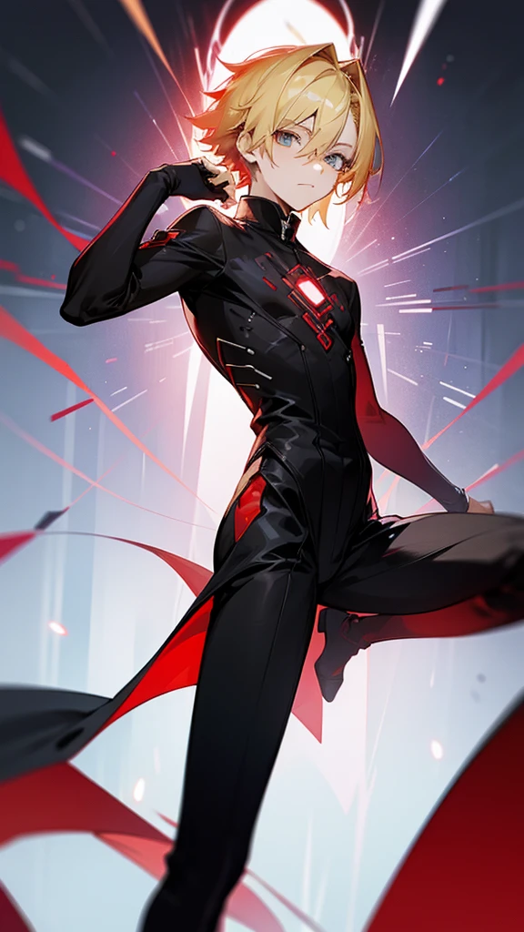 timochal2023, 1 men, brawny, o Matrix, anime clothes, hair blonde, black and red outfit,