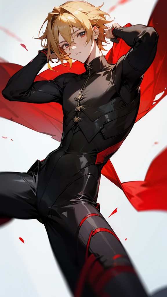 timochal2023, 1 men, brawny, o Matrix, anime clothes, hair blonde, black and red outfit,