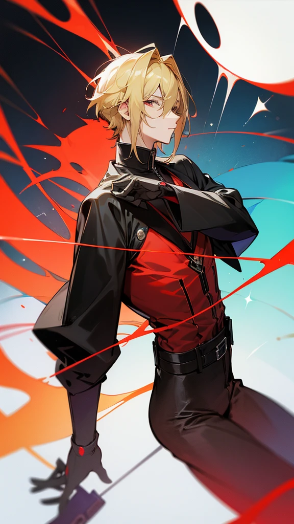 timochal2023, 1 men, brawny, o Matrix, anime clothes, hair blonde, black and red outfit,