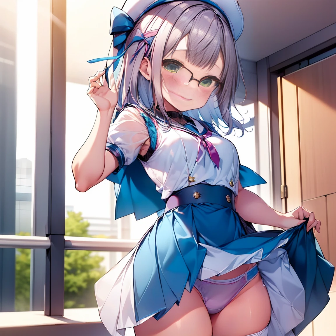 8K、masterpiece、Japanese、Woman wearing glasses、Neon(nod)、from the front、smile、Childish、Small breasts、See-through underwear、night、Bedroom、Show your underwear、mini skirt