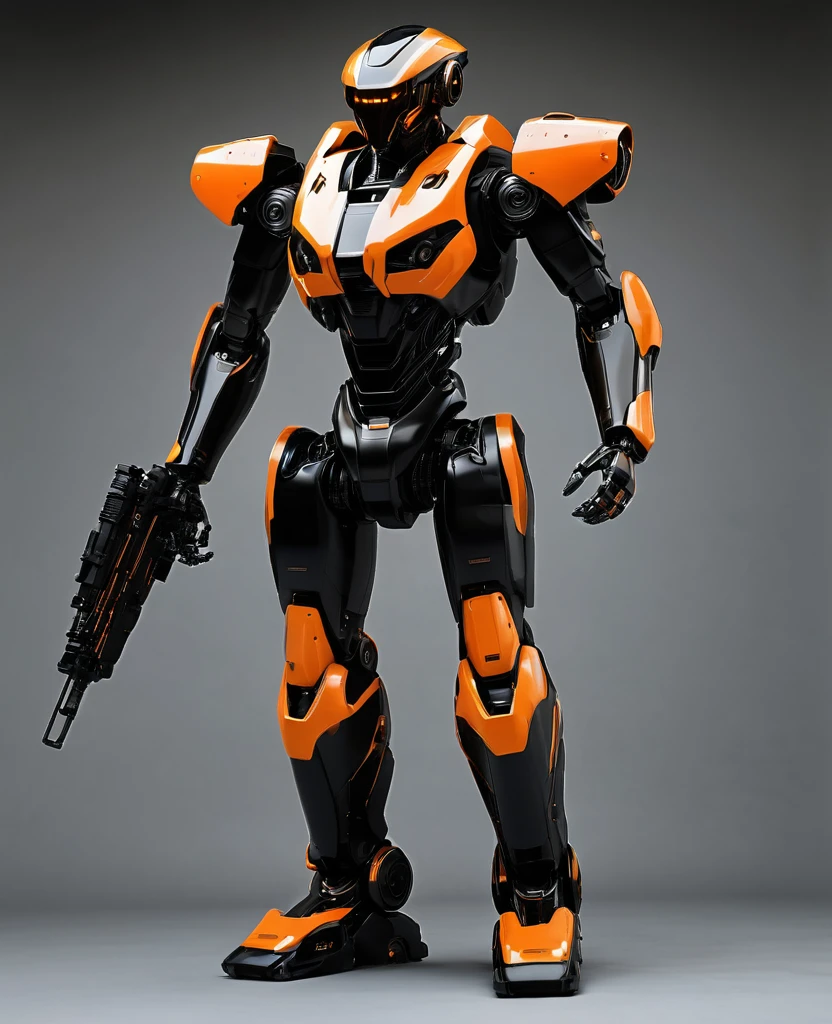 Human 2.0 robot war, black and orange, heroic, full body, robot war militia,