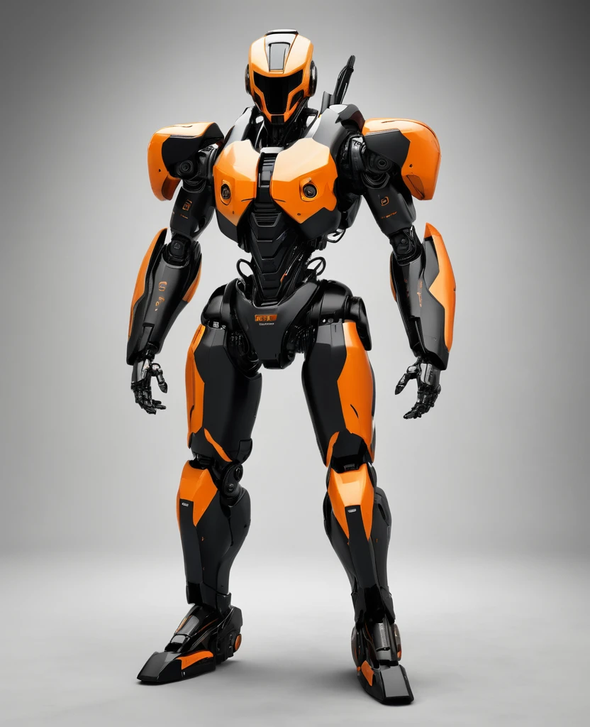 Human 2.0 robot war, black and orange, heroic, full body, robot war militia,