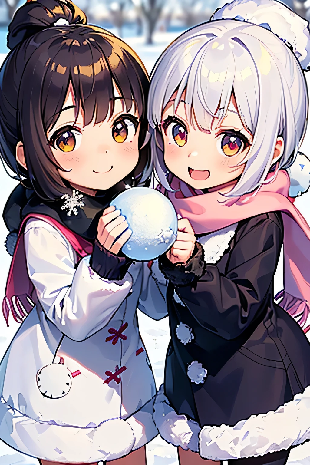 Highest quality、High resolution、Detailed Background、(Beautiful face in every detail:1.4)、Anatomically correct、Hide your fingers、Teenage beauty、(Highly detailed face)、Cute hair color、Bobcut、ponytail、Twin tails、well-groomed eyebrows、Perfect body line、Cute gestures、A big smile、smile、Accessories such as hats and scarves、(Two little girls having fun with a snowball fight in the snow with their friends:1.5)
