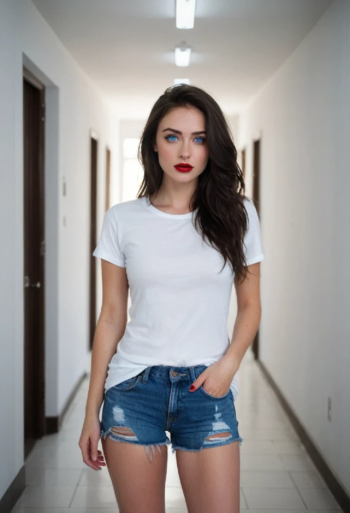 Masterpiece, realist, high resolution, high quality, 4k, cinematic lighting, Stunning brunette, bright blue eyes, smooth black fur, Ripped Skinny Denim Shorts, barefoot, He is wearing a tight white t-shirt, Big and swollen red lips., standing in a hallway.