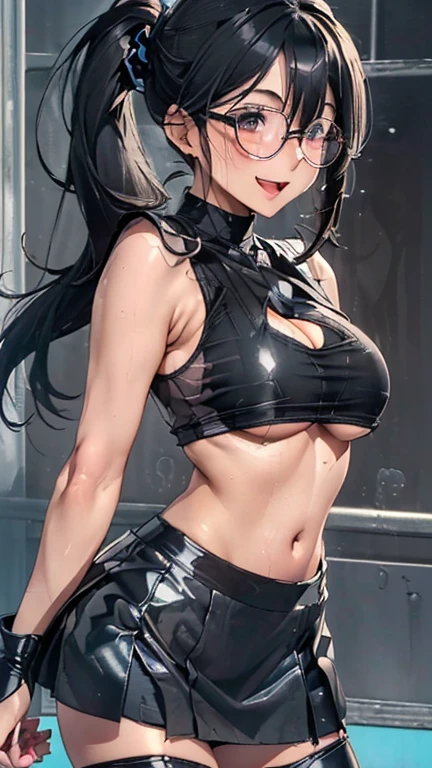 1 female,Black Hair,25 years old,(((Blue shiny tight skirt)))((White vest))(((blush、Open mouth smile)),(((Straight Hair))),(((portrait))),crowd,,(Sweat soaked)(Sexy Black and Transparent Tank Top)(Glasses)(((((Full and soft breasts,)))(((Huge breasts))) (((Cleavage))))))((Low Ponytail))Leather over-the-knee boots