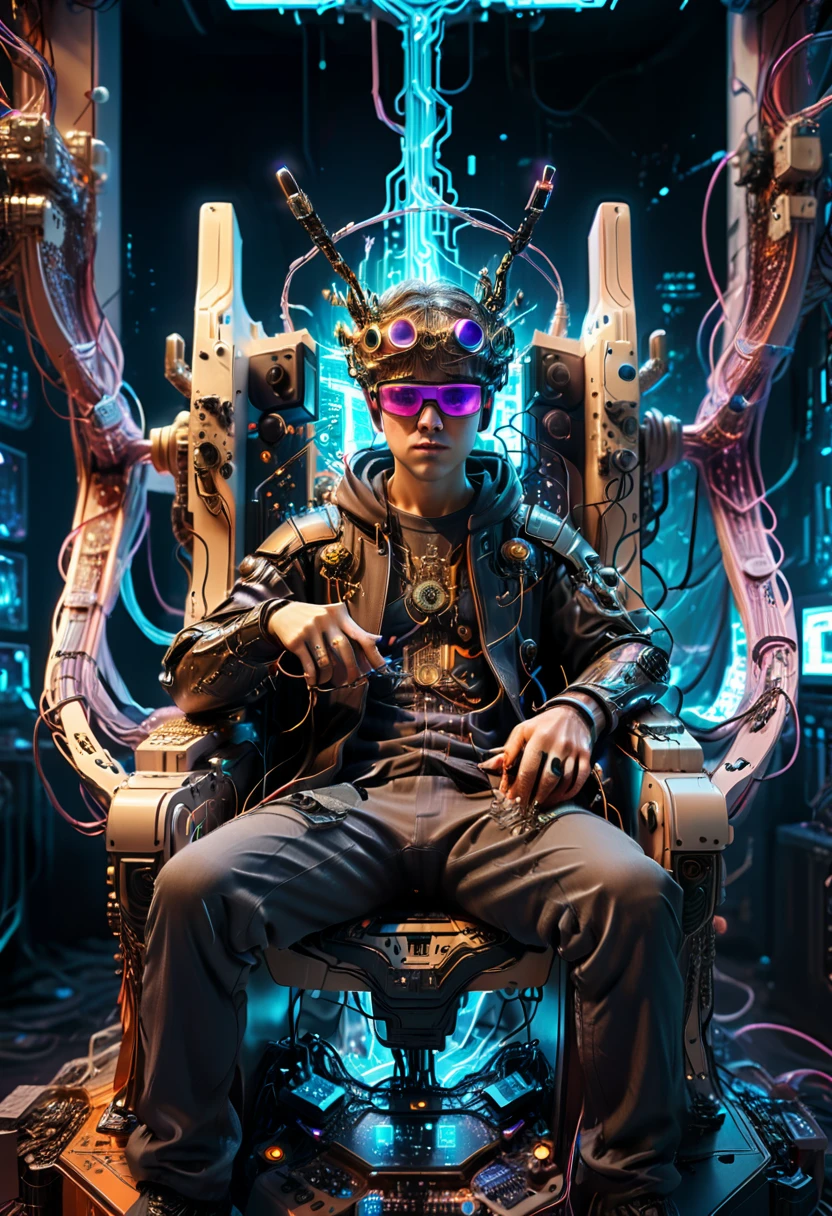 (Throne of Power), Science fiction style, with a programmer wearing VR glasses sitting on a throne made up of circuit boards and fiber optic cables. He lightly taps the keyboard with his fingers, controlling the operation of the entire online world. The background is a virtual space composed of data streams and algorithms, (Photography), award-winning, cinematic still, emotional, vignette, dynamic, vivid, (masterpiece, best quality, Professional, perfect composition, very aesthetic, absurdres, ultra-detailed, intricate details:1.3)