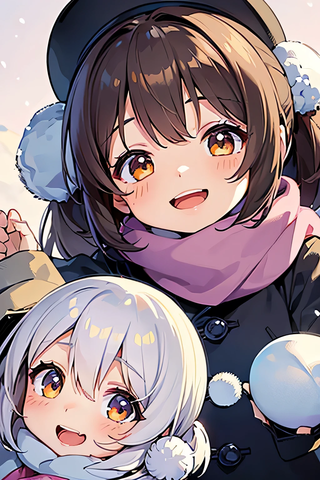 Highest quality、High resolution、Detailed Background、(Beautiful face in every detail:1.4)、Anatomically correct、Hide your fingers、Teenage beauty、(Highly detailed face)、Cute hair color、Bobcut、ponytail、Twin tails、well-groomed eyebrows、Perfect body line、Cute gestures、A big smile、smile、Accessories such as hats and scarves、(Two little girls having fun with a snowball fight in the snow with their friends:1.5)