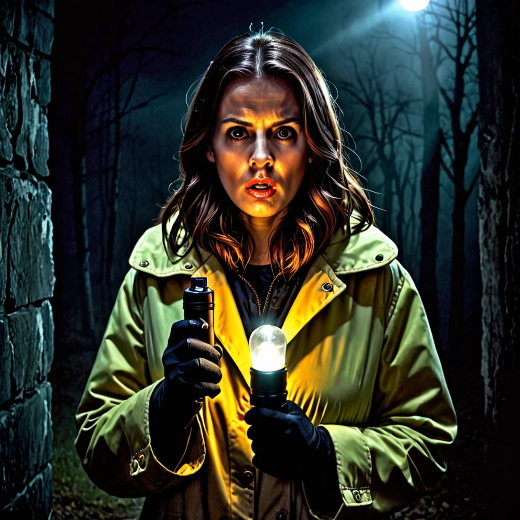 Front man holding a flashlight, hands in front, big teats, detailded, with a scared face, num horror atmosphere, in a coat, HD, ultrarealistic, background with ghosts.