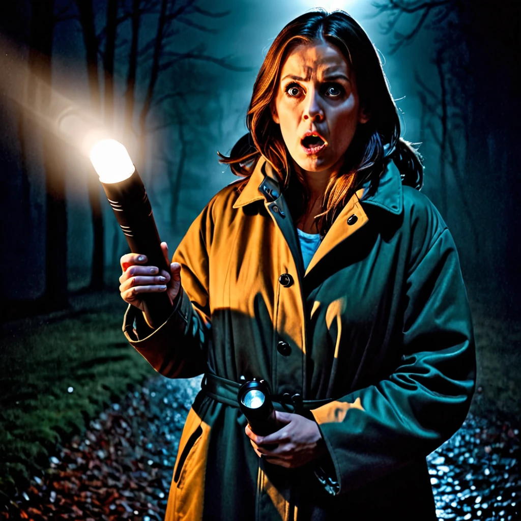 Front man holding a flashlight, hands in front, big teats, detailded, with a scared face, num horror atmosphere, in a coat, HD, ultrarealistic, background with ghosts.