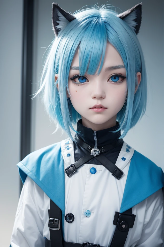 Short half white and blue hair,one eye yellow and the other blue, wolves ,facing the front ,kawaiii