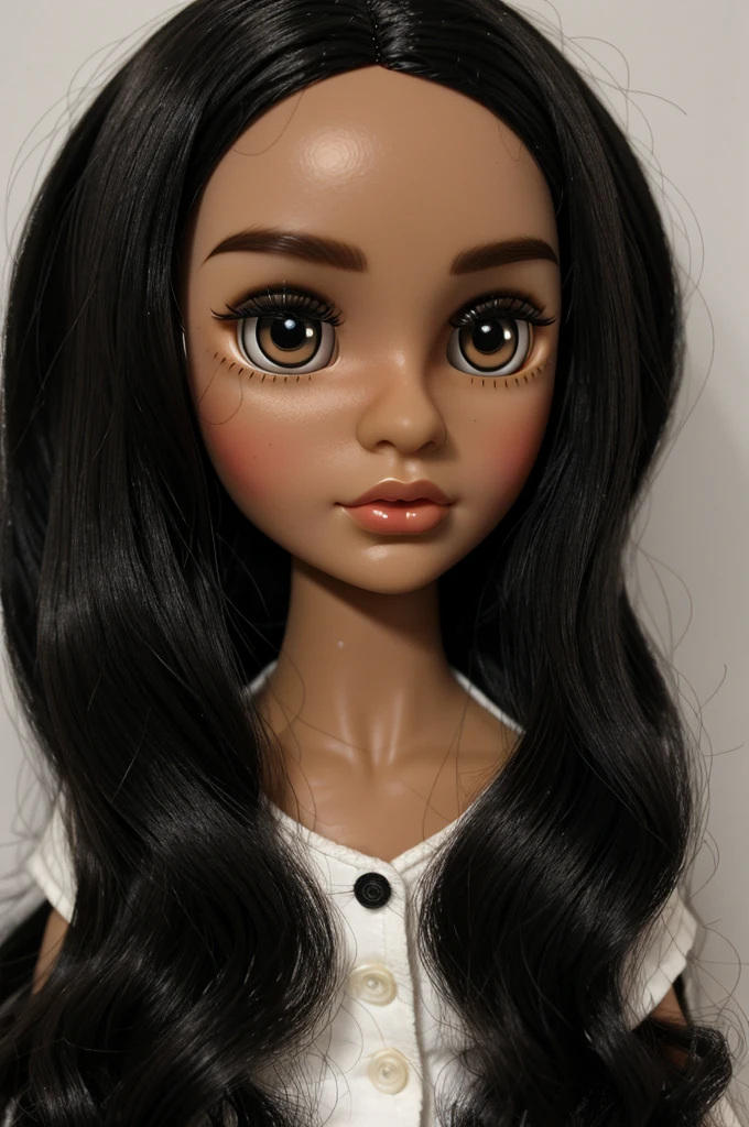 Create a realistic image of a blythe doll with black hair, straight and very long, have big, dark brown eyes, that your skin color is white but not so white that you look very pale, have pretty eyebrows and pink lips 