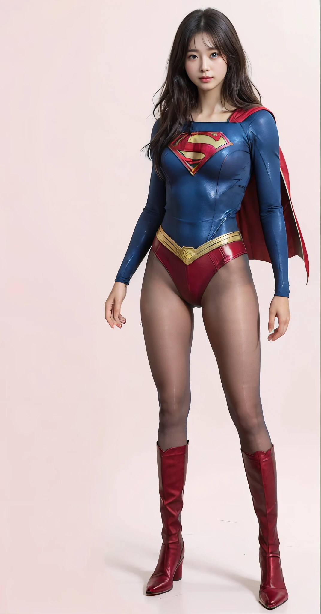 No background、(((Beautiful legs in black tights.)))、(((Legally express the beauty of your smile)))、((((Make the most of your original images)))、(((Supergirl Costume)))、(((Beautiful very short hair)))、(((suffering)))、(((Please wear black tights....、Wear red boots)))、((Best image quality、8K))、((Highest quality、8K、masterpiece:1.3))、(((Preserve background )))、Sharp focus:1.2、Beautiful woman with perfect figure:1.4、Slim Abs:1.2、Wet body:1.5、Highly detailed face and skin texture、8K
