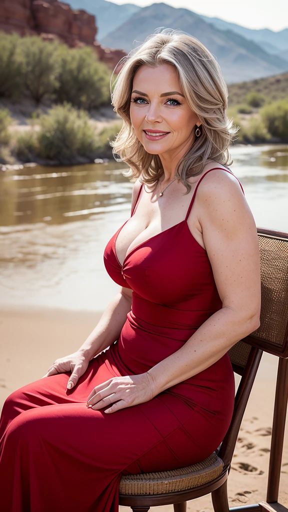 Realistic portrait of a busty woman, 60 years old, wearing red dresses elegant motif. She should have a natural appearance, curvaceous forms, blue eyes, gray hair, smile, Shoot this image in high resolution with a 35mm lens to get a good perspective. Sitting on the chair, river and Desert views