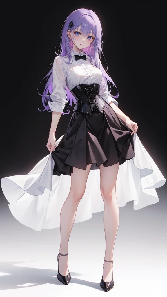 Purple Hair,long hair,Adult female,(suit),White Y-shirt,((Rolling up his sleeves)),(corset),(Black tight skirt),(High heels),Heels are visible,((Simple white background)),smile,((whole body)),((full body)),