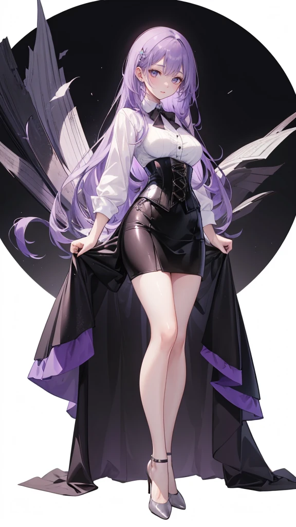 (((Best quality))), ((ultra - detailed)), (In the office), (highly detailed CGillustration), ((Very fine and beautiful)),Mature and beautiful,flustered, full blush, view the viewer,Ultra-detailed CG,Exquisite facial features,Clear facial expressions,Detailed digital anime art,Digital anime art,High quality anime art style, (Masterpiece), Best quality, Perfect face, ((1girll)), Mature woman, Leaning forward, ((Very long gray hair:1.5)), High ponytail, extremely giant breasts, Hanging breasts, cleavage, Narrow waist, ((ribbon:1.2)), Wearing glasses, ((Superskirt:1.5)), choker necklace, Very small shirt, Transparent shirt, ((pinkish purple dress:1.3)), ((The skirt was blown away)), ((Mini tight skirt: 1.5)), ((full body:1.5)), High heels, Garters, ((Lace stockings:1.2)), ((Long and slender legs)), Beautiful legs,Erotic,Seductive pose, ((show underwear, Show panties:1.2)),accidental exposure, Expose breasts,((standing:1.2)), (Open legs:1.2), ((Front Shooting)), Slender figure,(nurses uniform:1.5), waist-up, lolita