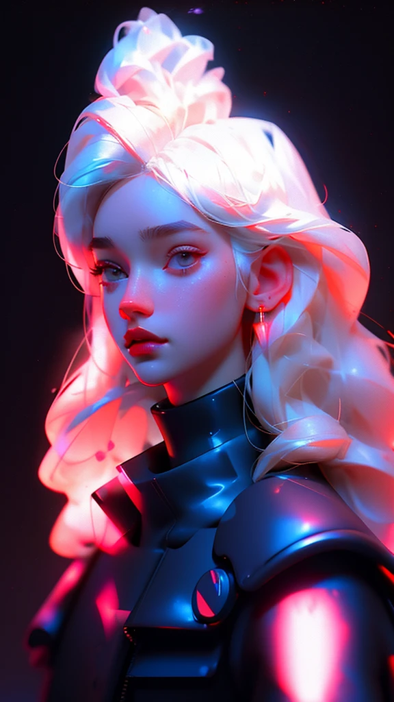 hyper-realistic illustration of the highest quality, The perfect masterpiece, perfect work of art, 8k, (Upper body portrait: 1.5), (((Viewed from the front: 1.2))), close-up lens, delicate face , white-haired woman,(hakuhatsu:1.3),long hair,(black background:1.3),pearl illusion,cyberpunk,fashion trend,3s material,high definition,detailed rendering,c4d,3d,octane rendering,path rays, complex details, neon lights, animated lighting, OCRenderer, 8k,