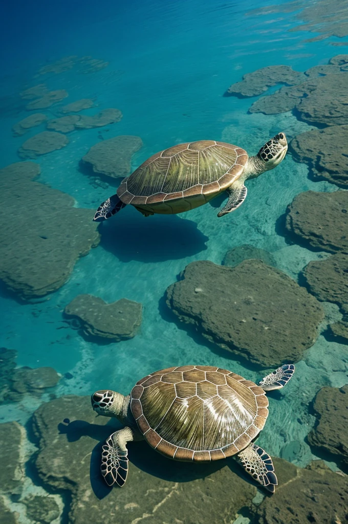 An animated turtle in a lagoon
