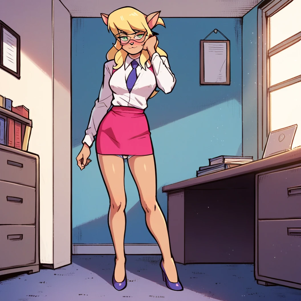 score_9, score_8_up, score_7_up, score_6_up, score_5_up, score_4_up, (Source furry), (rating nsfw), 1girl solo, indoors, office, looking at viewer, glasses, callie briggs,, detailed, detailed fur, front view, standing, full view, legs, purple heels, white panties, embarrassed, pink polka dot panties, white shirt