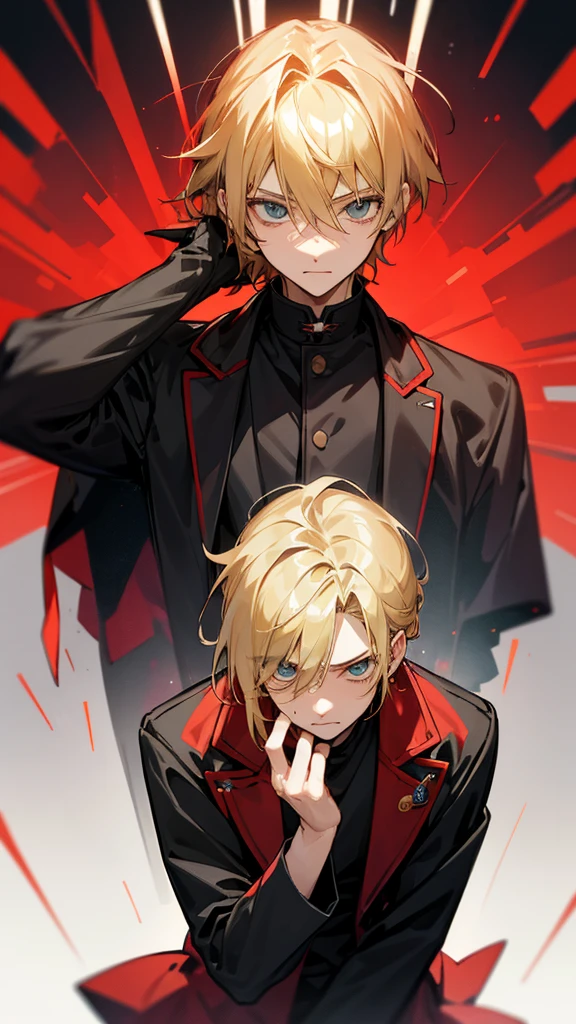 timochal2023, 1 men, brawny, o Matrix, anime clothes, hair blonde, black and red outfit, hand on face