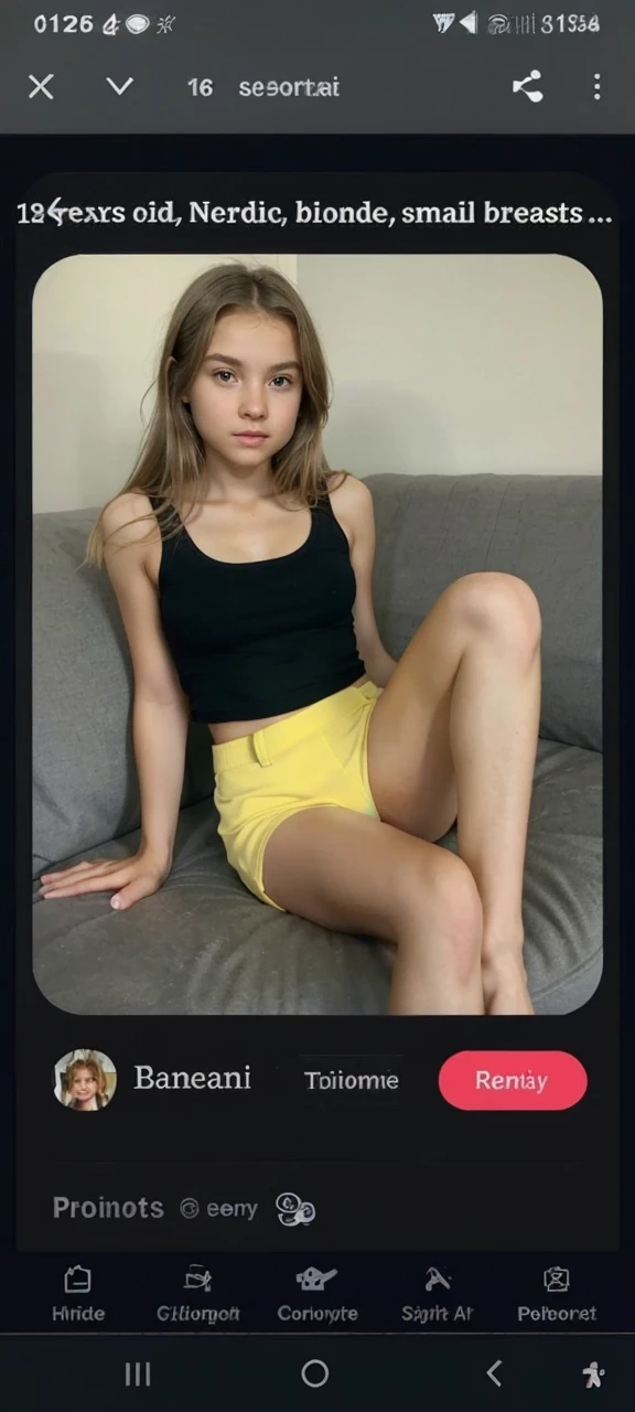, Nordic, bionde, small breasts , 12 years oldll breasts, teenage Girl, young 12 y old, light skin, reair, foto realista, Girl, small breasts, slender hips, photorealestic , Girl next door, cute face , green eyes, , small breasts, Natural skin color, Girl's height 165cm , Small butt, athletic breasts, straight chest, really little teenager , teenage Girl in yellow shirt ing on chaieenage Girl, Legs crossed,