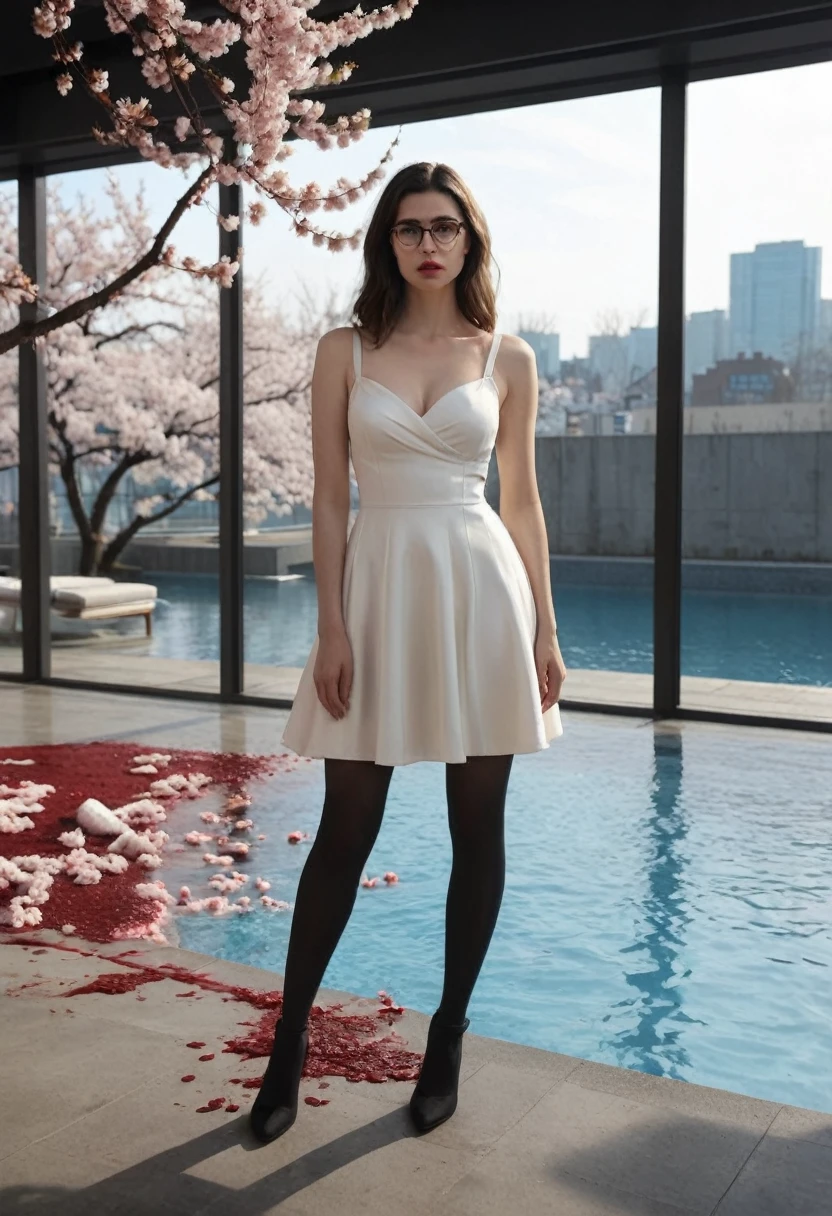 Beautiful young Margaret Qualley, glasses, elegant dress, neckline, dark tights, high heels, Hyper realistic, 14, model body, big breasts, Beautiful breasts, big hips, wide, Horse tail, long legs, 8k, futuristic city, Cherry Blossom, sunrise, soft lighting, blood on the wall, pool of blood, Full of human remains, detailed reflection, animated style