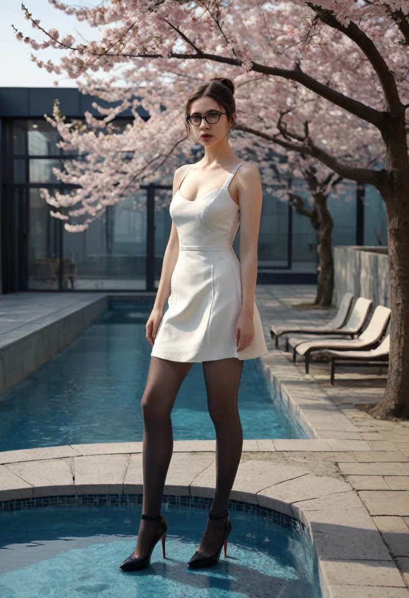 Beautiful young Margaret Qualley, glasses, elegant dress, neckline, dark tights, high heels, Hyper realistic, 14, model body, big breasts, Beautiful breasts, big hips, wide, Horse tail, long legs, 8k, futuristic city, Cherry Blossom, sunrise, soft lighting, blood on the wall, pool of blood, Full of human remains, detailed reflection, animated style