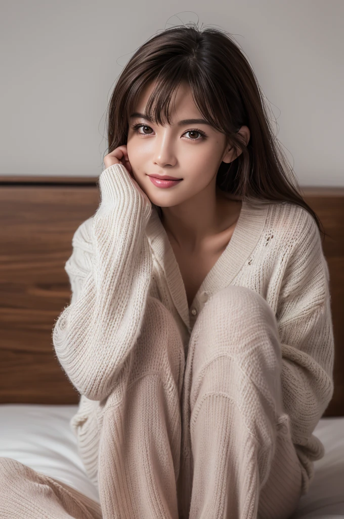 (8K, RAW Photos, Highest quality, masterpiece:1.2), (Realistic, photo Realistic:1.3), Ultra-high resolution, High-definition RAW color photos, Sharp focus, (Real Skin), (Perfect Anatomy), thin, ((Cinema Lighting)), (Moist lips),
Break 1 Girl, alone, View your viewers, Messy Hair, smile, Wearing cozy pajamas, Knitted socks, at home,